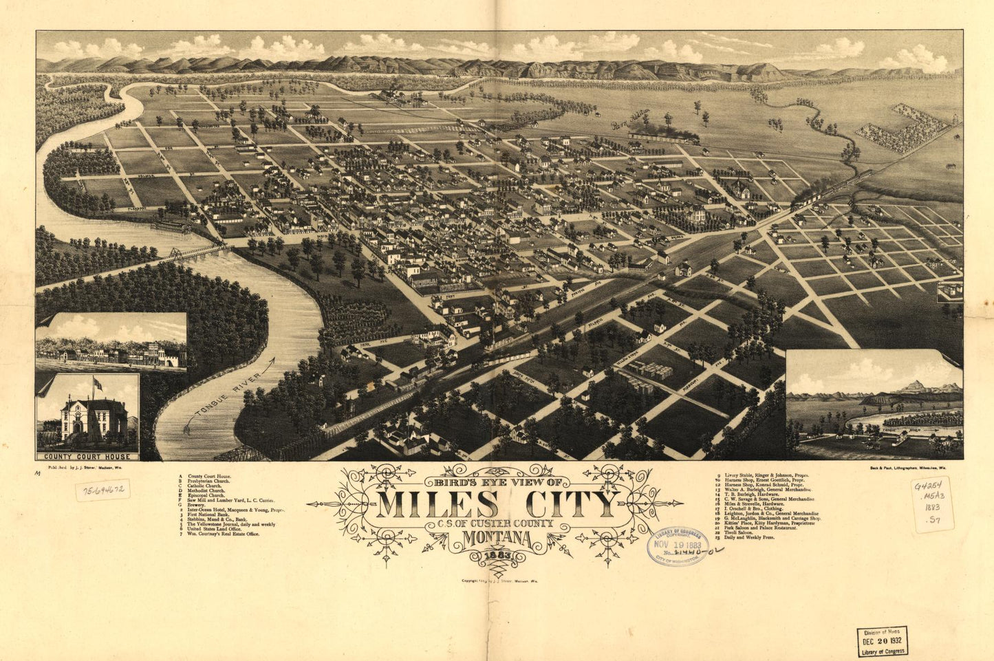 Bird's eye view of Miles City, c.s. of Custer County, Montana 1883. (1883) – Historic Bird’s-Eye View Panorama Print