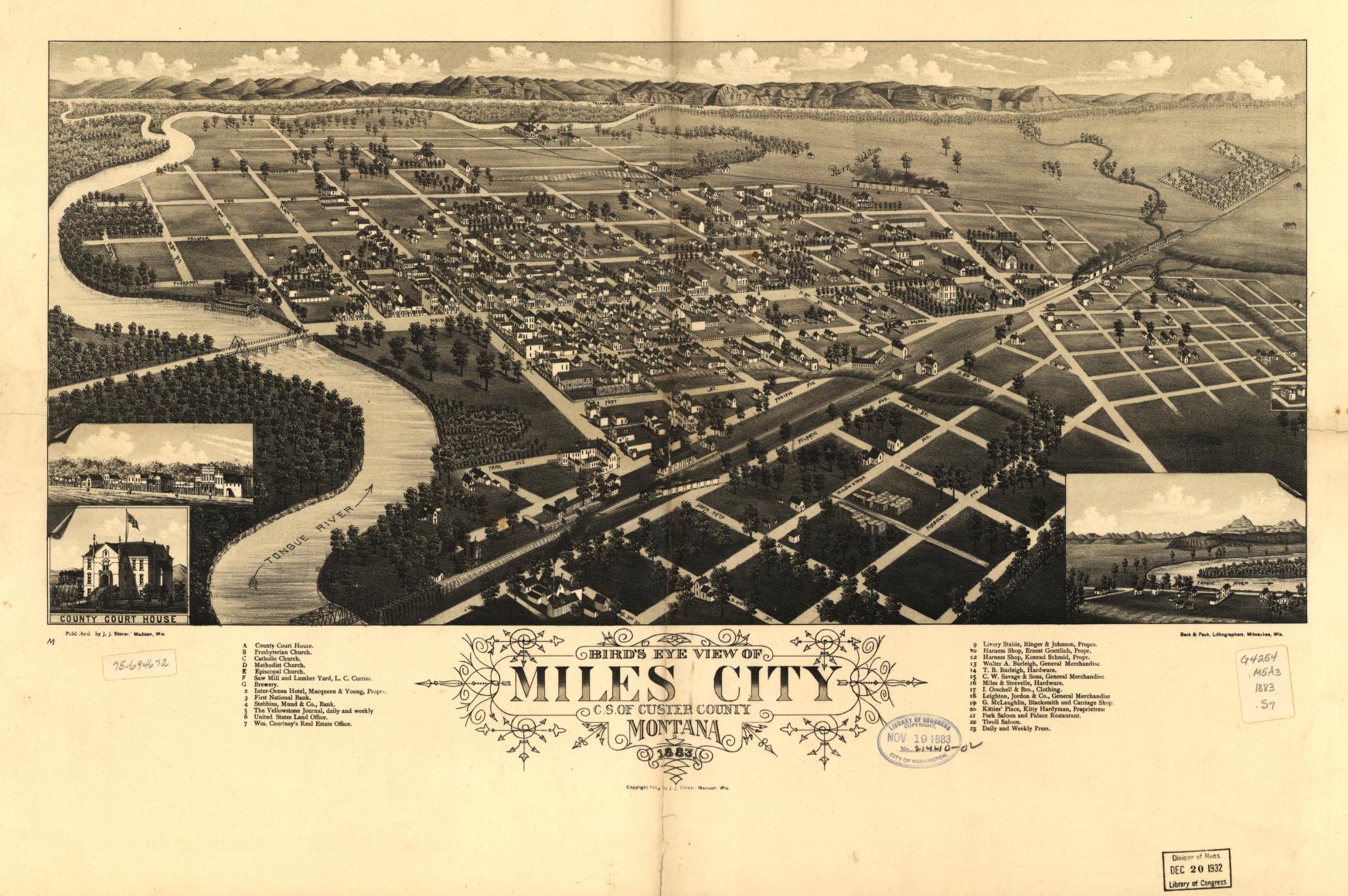 Bird's eye view of Miles City, c.s. of Custer County, Montana 1883. (1883) – Historic Bird’s-Eye View Panorama Print