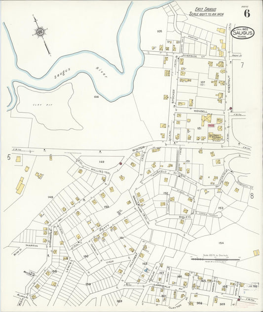 Sanborn Fire Insurance Map from Saugus, Essex County, Massachusetts (1922), Sheet #0006 - Historic Sanborn Fire Insurance Map Print, vintage old map wall art, antique decor, genealogy gift, Massachusetts Massachusetts map