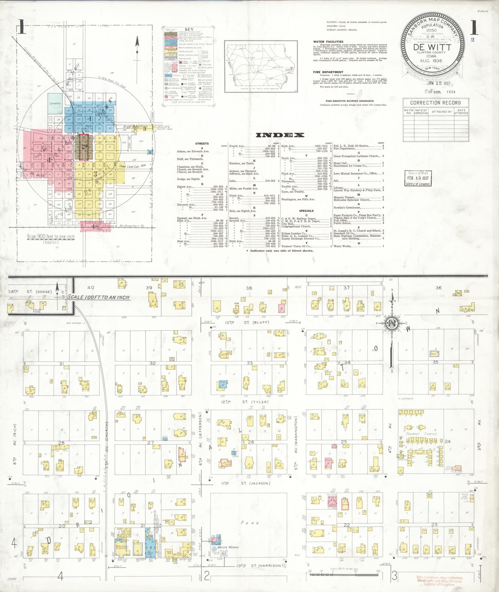 Sanborn Fire Insurance Map from De Witt, Clinton County, Iowa (1936), Sheet #0001 - Historic Sanborn Fire Insurance Map Print, vintage old map wall art