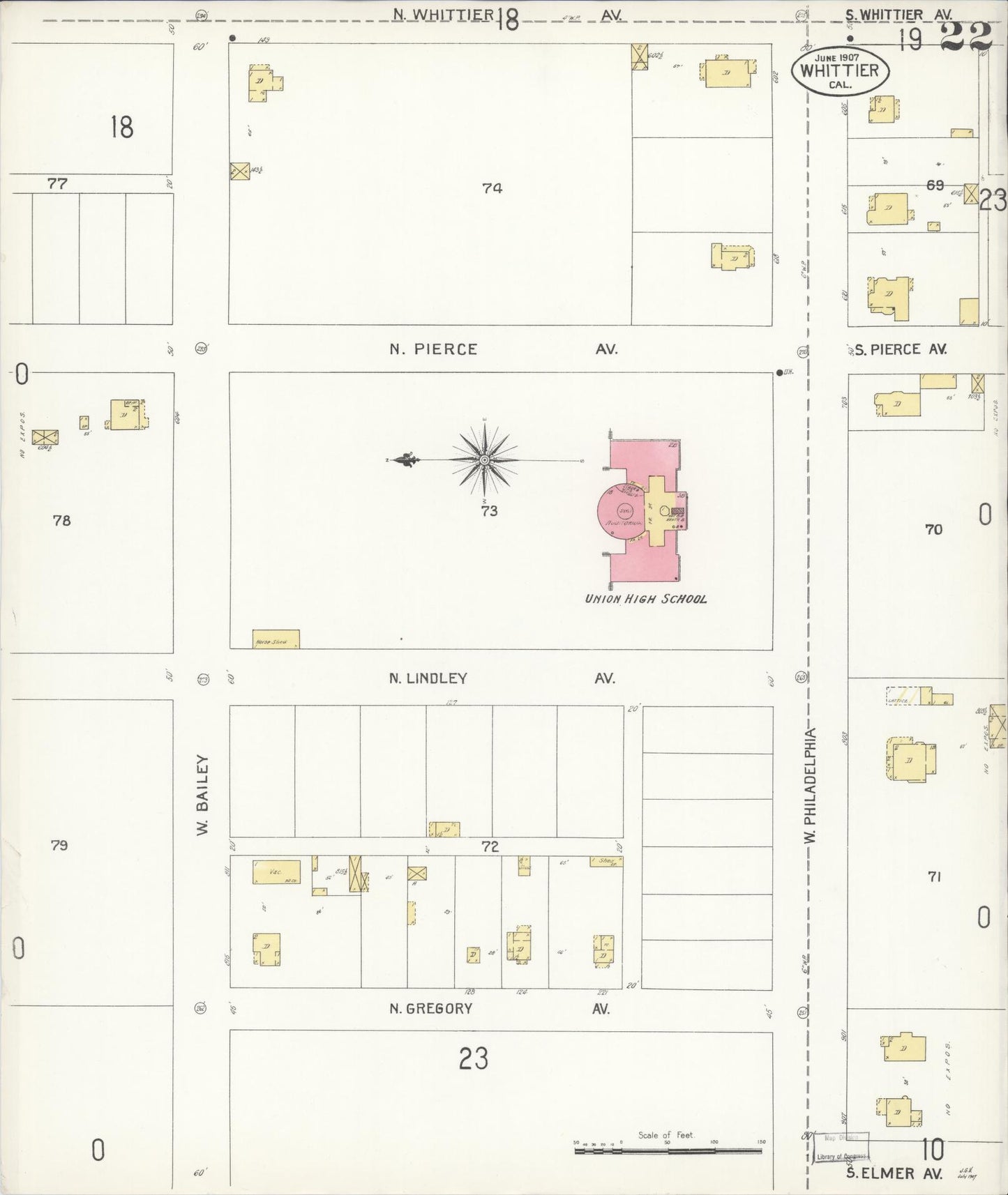 Sanborn Fire Insurance Map from Whittier, Los Angeles County, California (1907), Sheet #0022 - Complete Map Set gallery image, historic Sanborn map, vintage wall art, California California