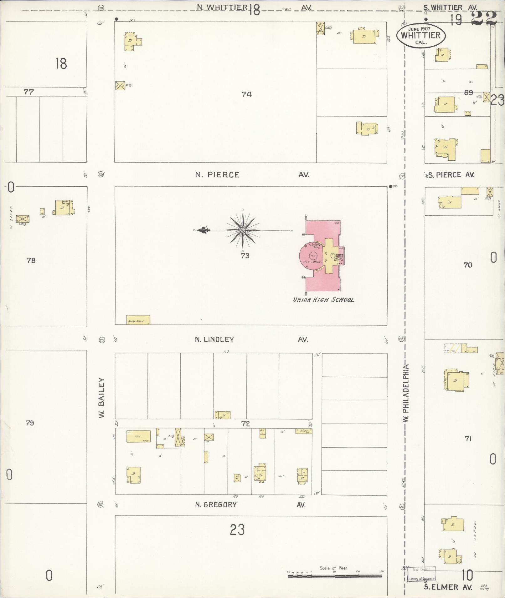 Sanborn Fire Insurance Map from Whittier, Los Angeles County, California (1907), Sheet #0022 - Complete Map Set gallery image, historic Sanborn map, vintage wall art, California California