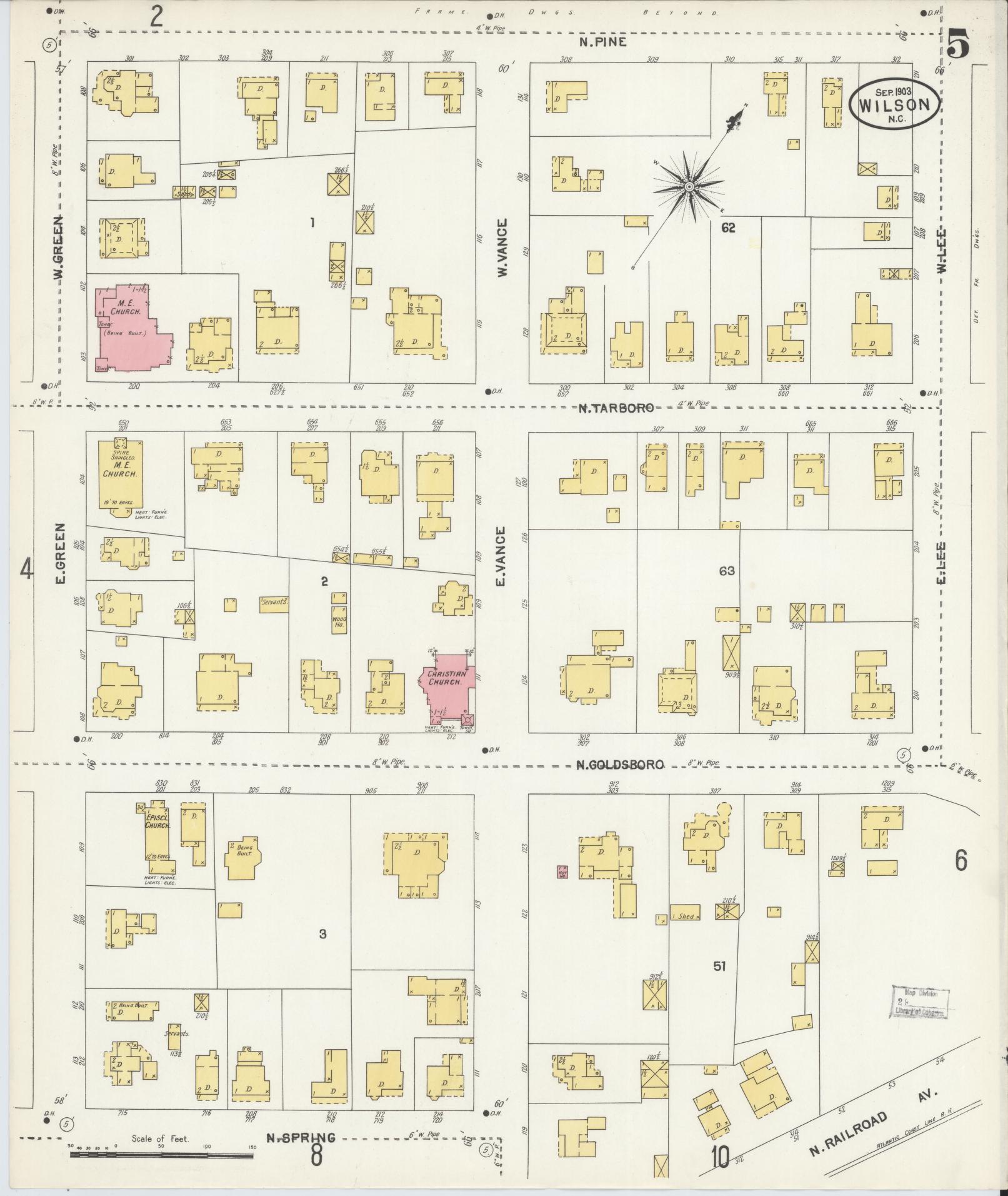 Sanborn Fire Insurance Map from Wilson, Wilson County, North Carolina (1903), Sheet #0005 - Complete Map Set gallery image, historic Sanborn map, vintage wall art, North Carolina North Carolina