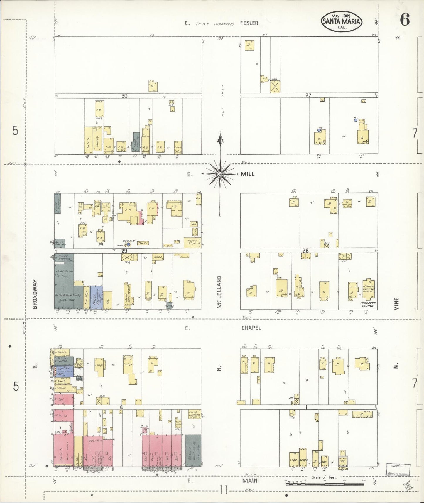 Sanborn Fire Insurance Map from Santa Maria, Santa Barbara County, California (1909), Sheet #0006 - Complete Map Set gallery image, historic Sanborn map, vintage wall art, California California