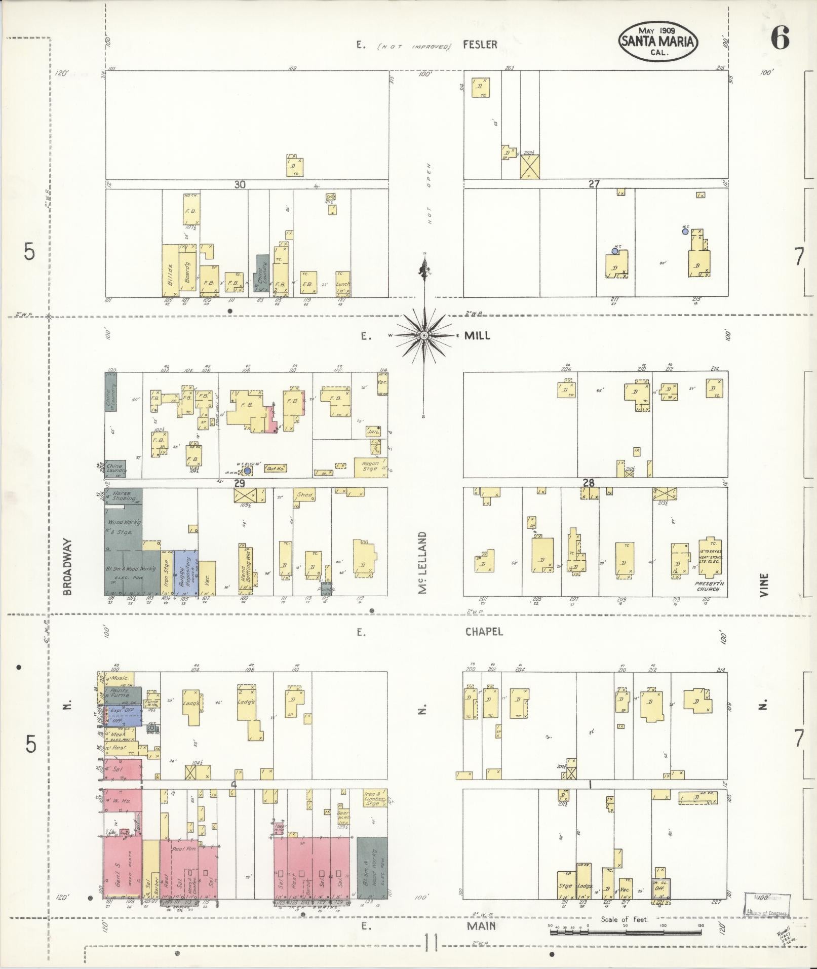 Sanborn Fire Insurance Map from Santa Maria, Santa Barbara County, California (1909), Sheet #0006 - Complete Map Set gallery image, historic Sanborn map, vintage wall art, California California