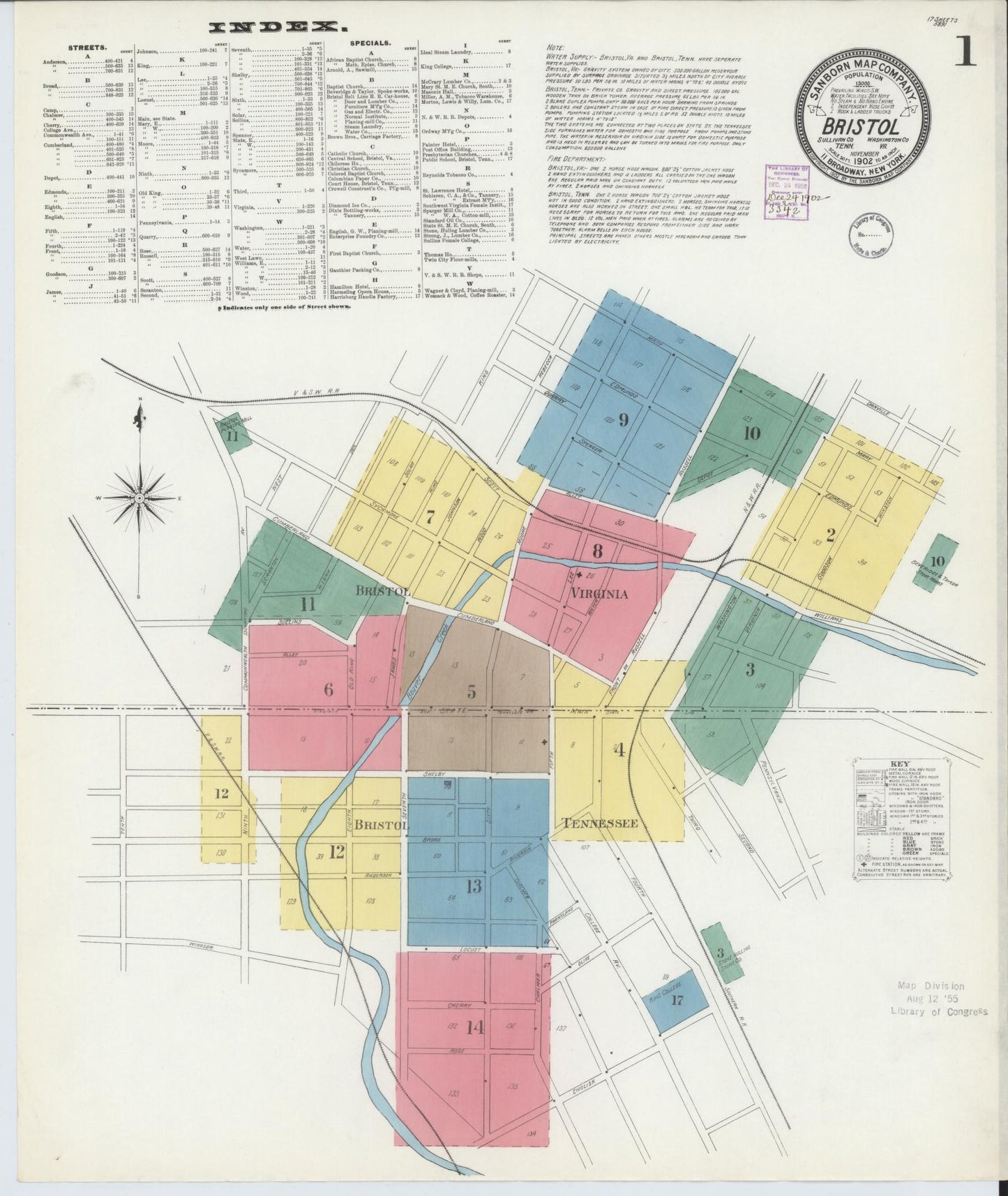 Sanborn Fire Insurance Map from Bristol, Sullivan County, Tennessee (1902), Sheet #0001 - Historic Sanborn Fire Insurance Map Print, vintage old map wall art, antique decor, genealogy gift, Tennessee Tennessee map