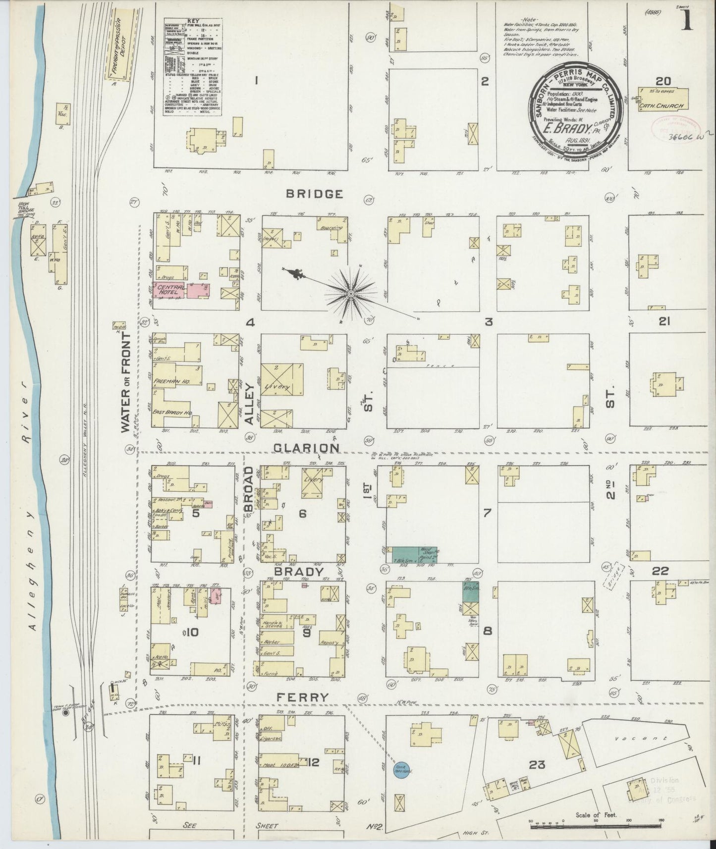 Sanborn Fire Insurance Map from East Brady, Clarion County, Pennsylvania (1891), Sheet #0001 - Historic Sanborn Fire Insurance Map Print, vintage old map wall art, antique decor, genealogy gift, Pennsylvania Pennsylvania map