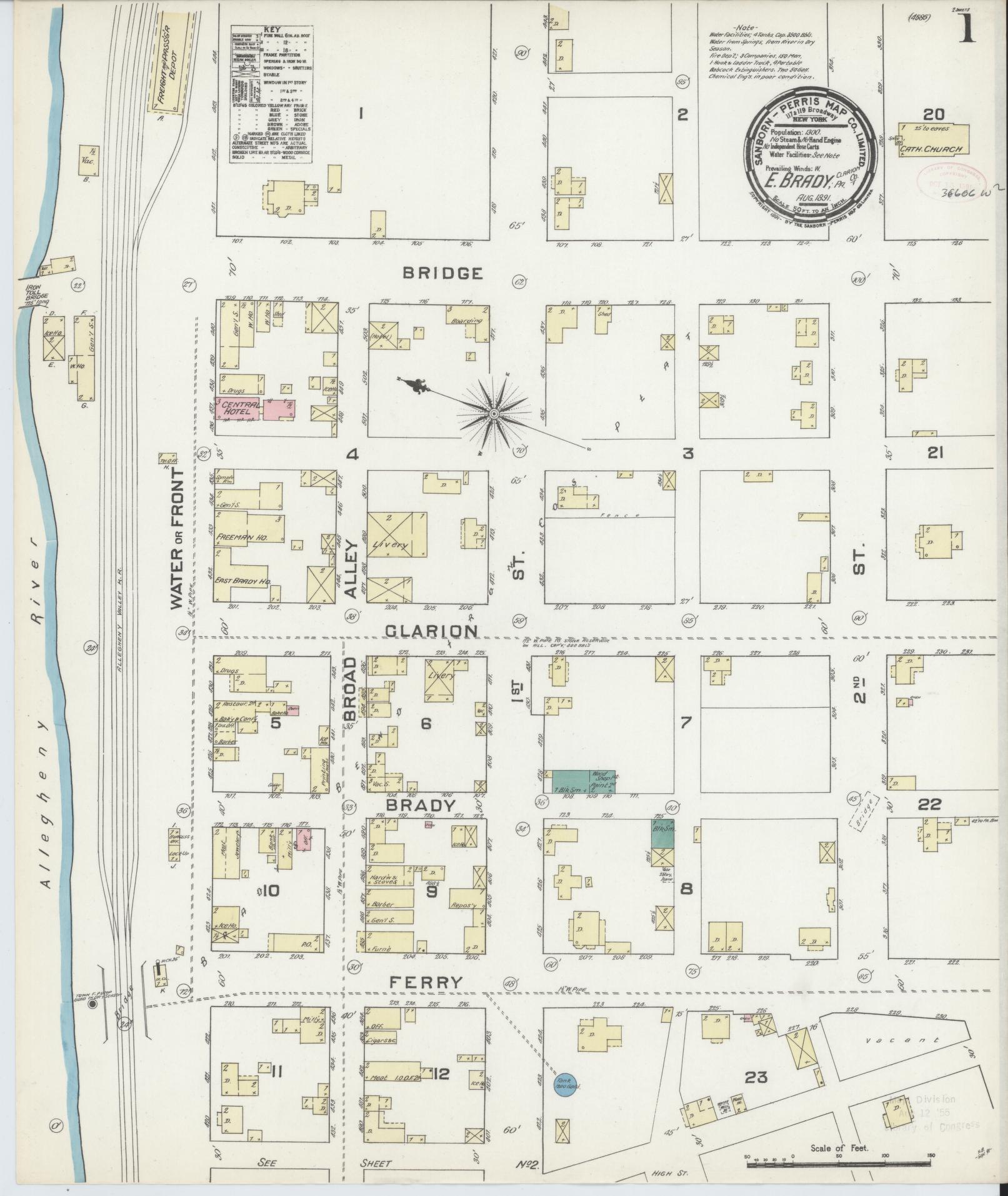 Sanborn Fire Insurance Map from East Brady, Clarion County, Pennsylvania (1891), Sheet #0001 - Historic Sanborn Fire Insurance Map Print, vintage old map wall art, antique decor, genealogy gift, Pennsylvania Pennsylvania map