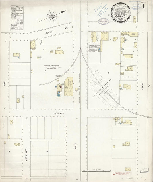 Sanborn Fire Insurance Map from Downey, Los Angeles County, California (1898), Sheet #0001 - Historic Sanborn Fire Insurance Map Print, vintage old map wall art, antique decor, genealogy gift, California California map