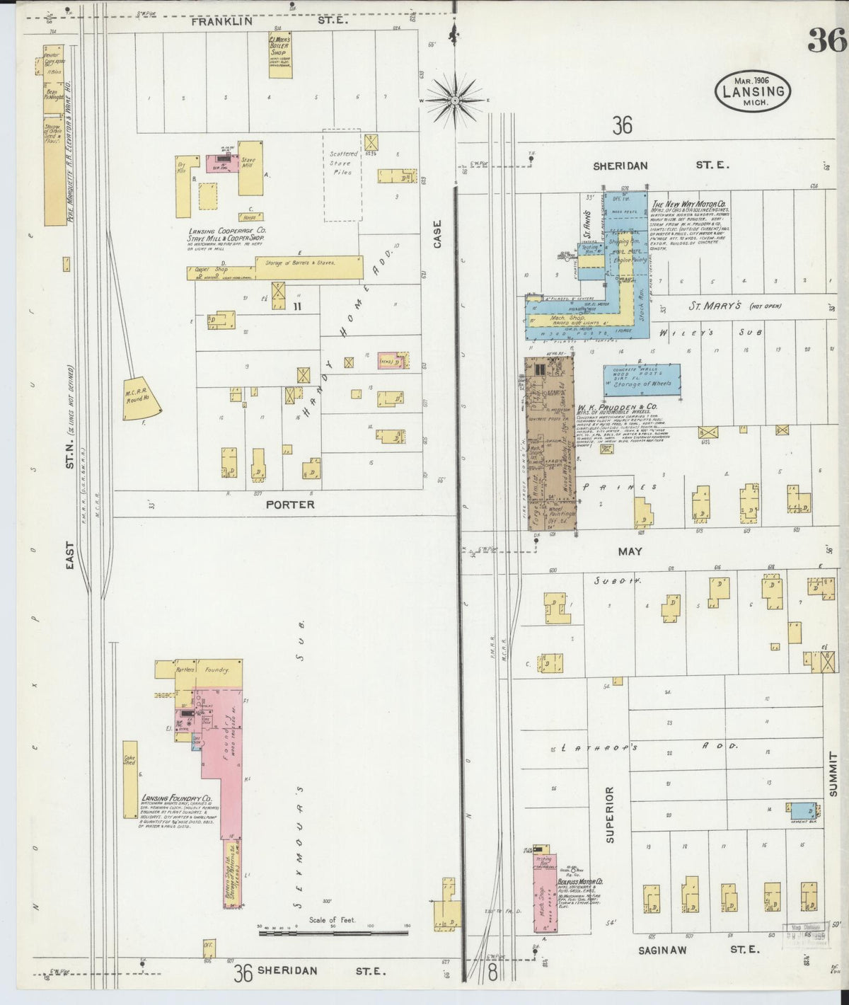 Sanborn Fire Insurance Map from Lansing, Ingham County, Michigan (1906), Sheet #0036 - Historic Sanborn Fire Insurance Map Print, vintage old map wall art, antique decor, genealogy gift, Michigan Michigan map