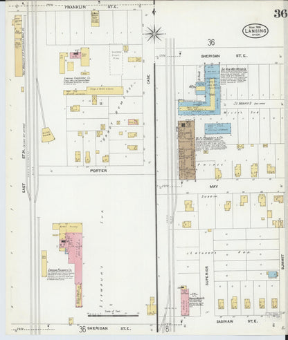 Sanborn Fire Insurance Map from Lansing, Ingham County, Michigan (1906), Sheet #0036 - Historic Sanborn Fire Insurance Map Print, vintage old map wall art, antique decor, genealogy gift, Michigan Michigan map