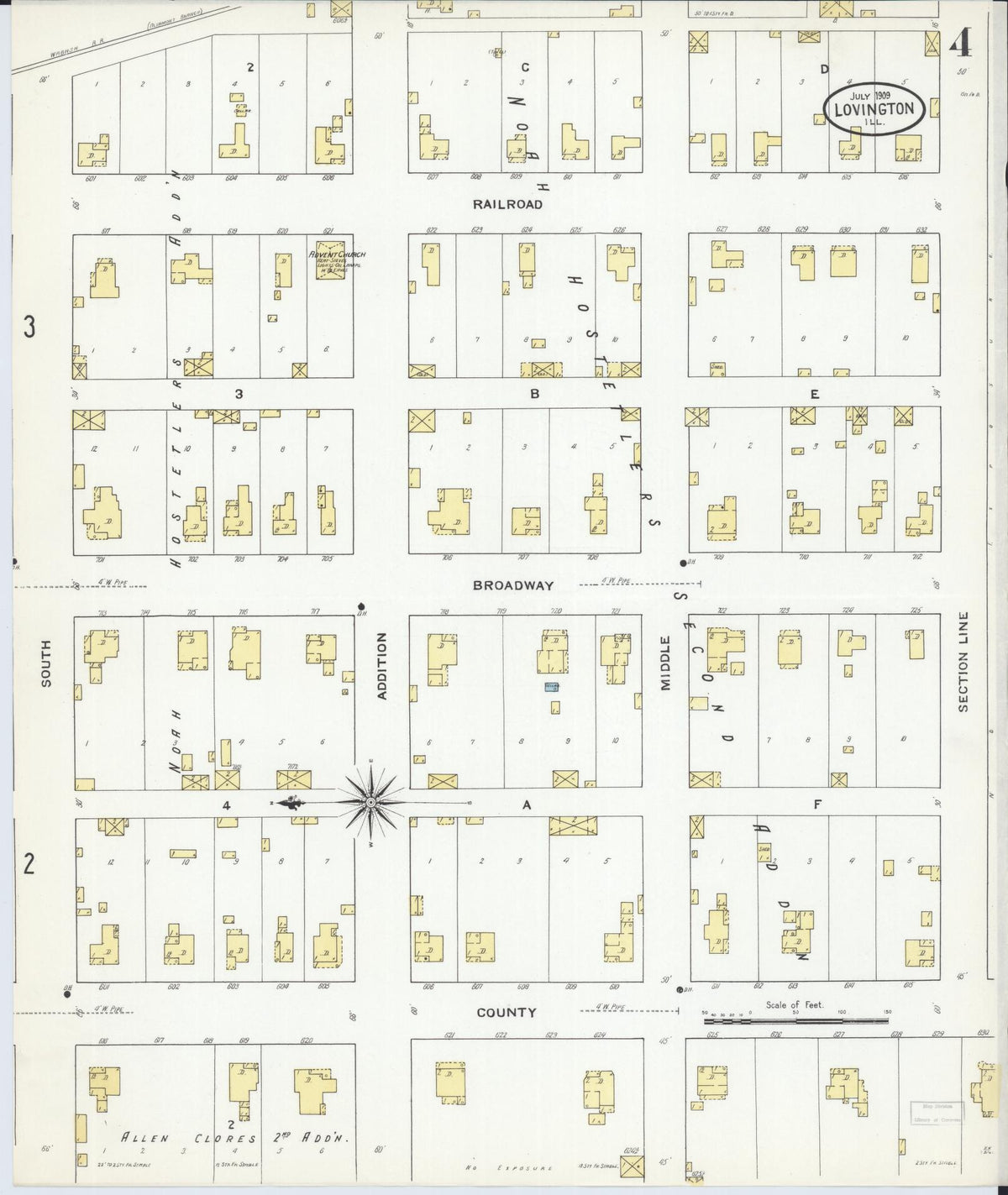 Sanborn Fire Insurance Map from Lovington, Moultrie County, Illinois (1909), Sheet #0004 - Complete Map Set gallery image, historic Sanborn map, vintage wall art, Illinois Illinois