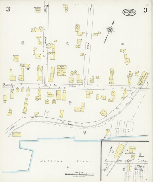 Sanborn Fire Insurance Map from Machias, Washington County, Maine (1925), Sheet #0003 - Historic Sanborn Fire Insurance Map Print, vintage old map wall art, antique decor, genealogy gift, Maine Maine map
