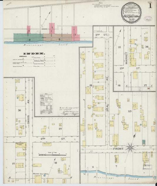 Sanborn Fire Insurance Map from Pass Christian, Harrison County, Mississippi (1893), Sheet #0001 - Historic Sanborn Fire Insurance Map Print, vintage old map wall art, antique decor, genealogy gift, Mississippi Mississippi map