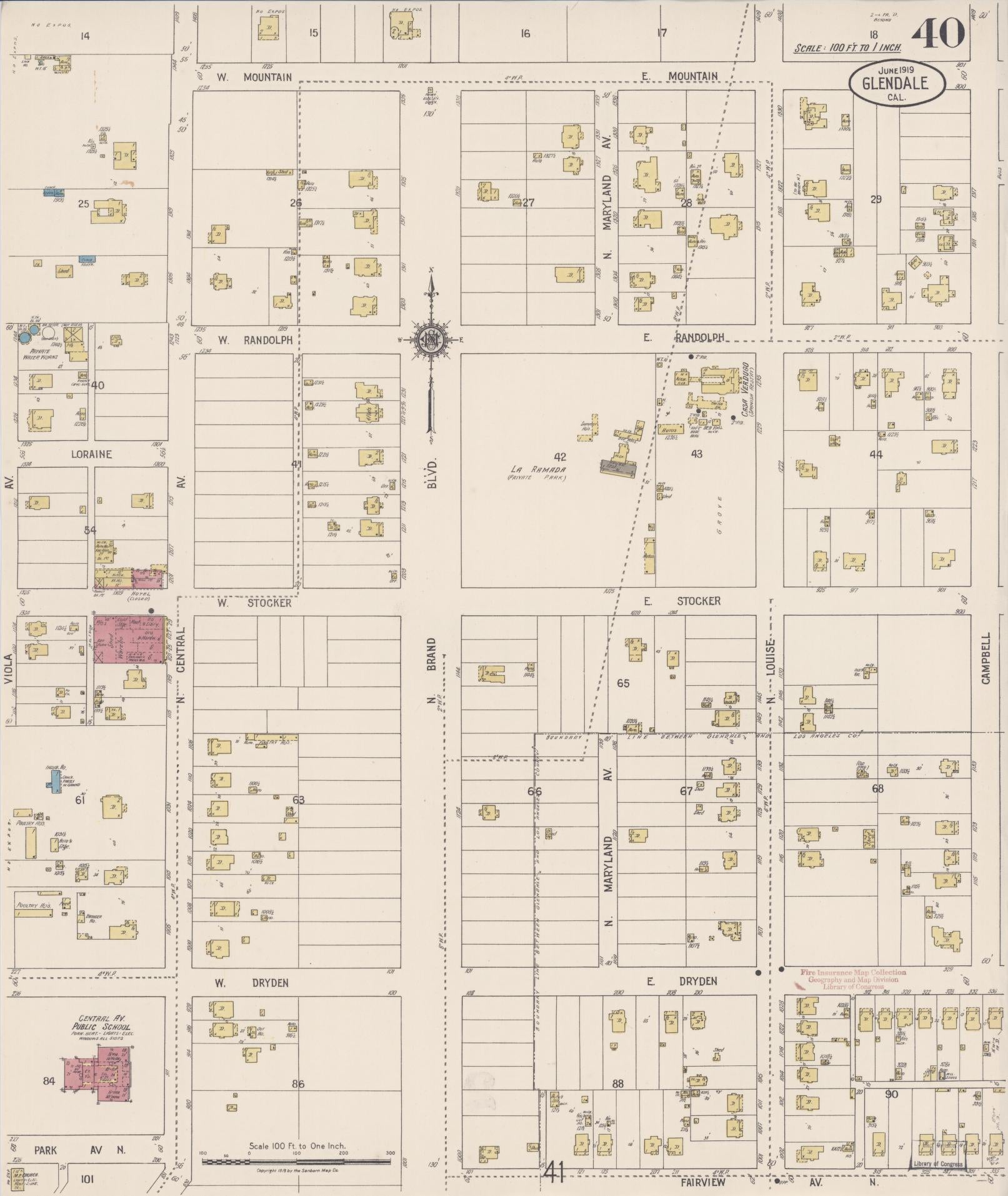 Sanborn Fire Insurance Map from Glendale, Los Angeles County, California (1919), Sheet #0040 - Historic Sanborn Fire Insurance Map Print, vintage old map wall art, antique decor, genealogy gift, California California map