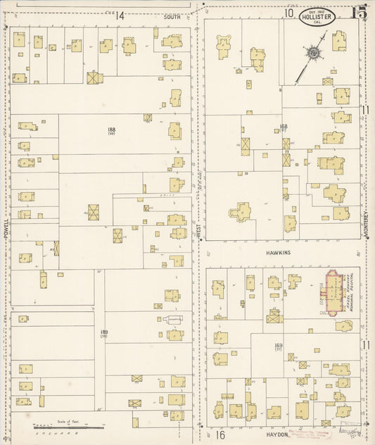 Sanborn Fire Insurance Map from Hollister, San Benito County, California (1910), Sheet #0015 - Historic Sanborn Fire Insurance Map Print, vintage old map wall art, antique decor, genealogy gift, California California map