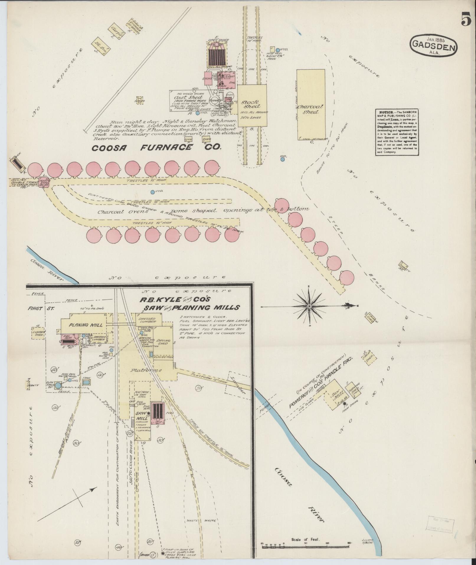 Sanborn Fire Insurance Map from Gadsden, Etowah County, Alabama (1885), Sheet #0005 - Complete Map Set gallery image, historic Sanborn map, vintage wall art, Alabama Alabama