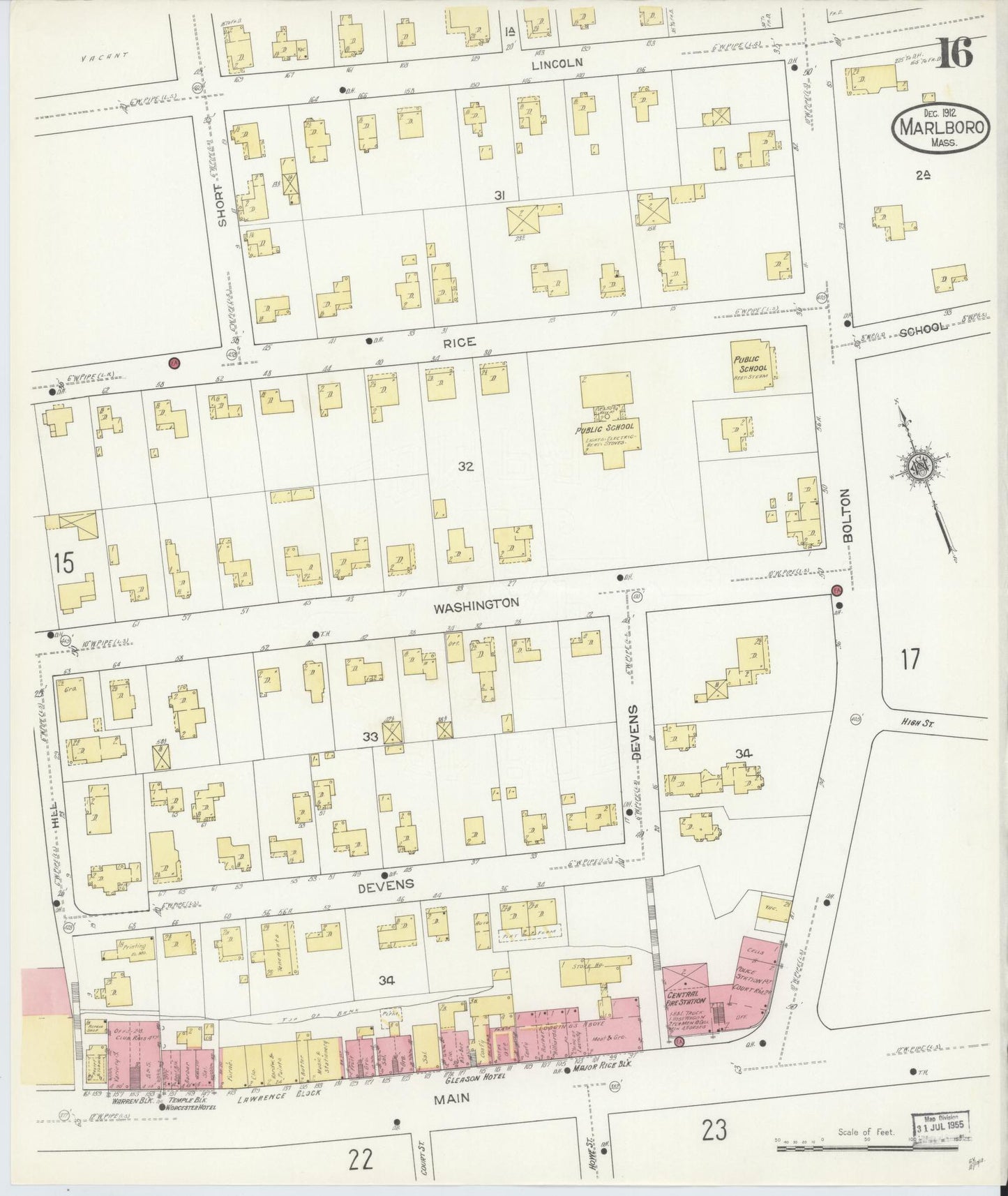 Sanborn Fire Insurance Map from Marlborough, Middlesex County, Massachusetts (1912), Sheet #0016 - Historic Sanborn Fire Insurance Map Print, vintage old map wall art, antique decor, genealogy gift, Massachusetts Massachusetts map