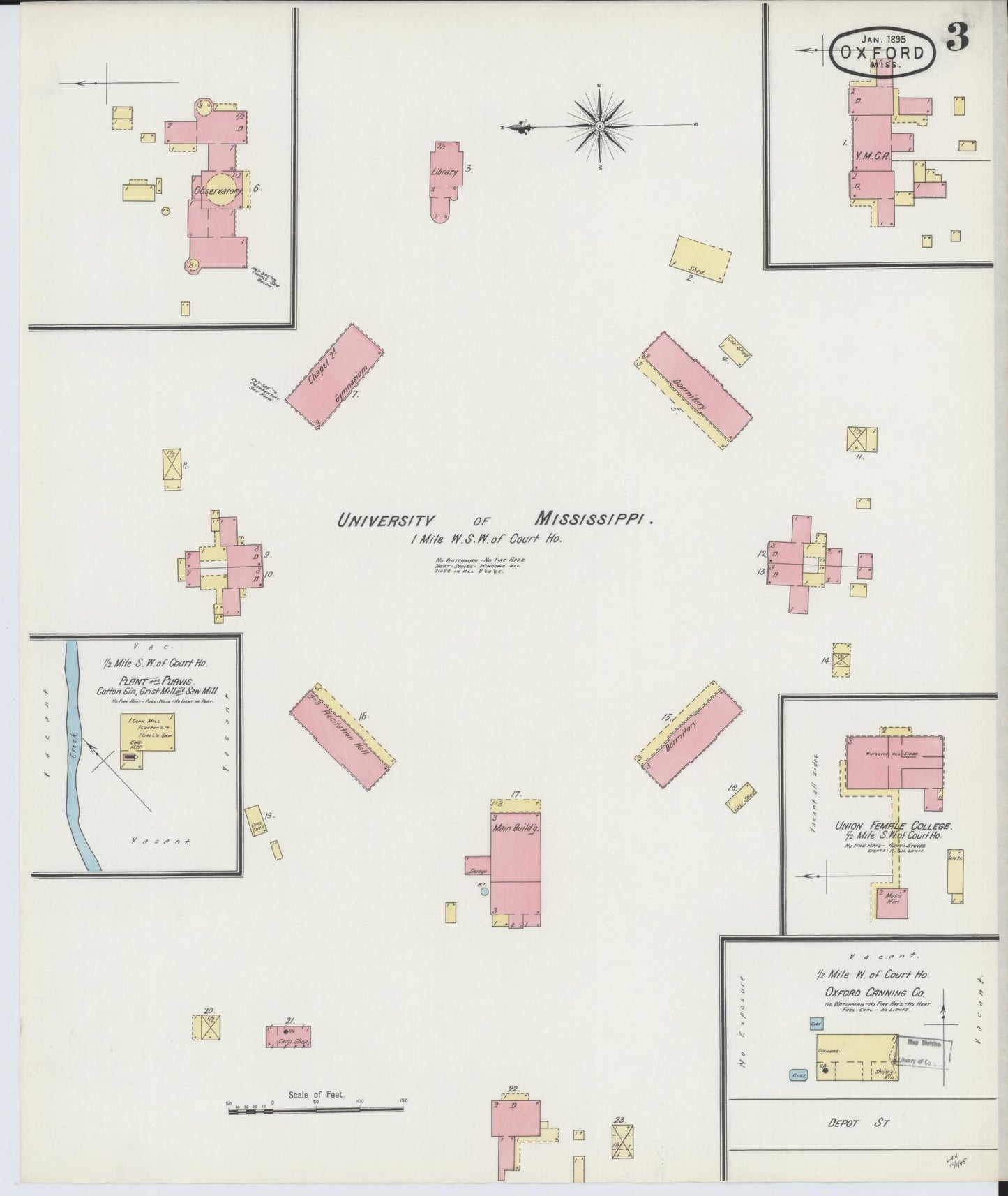 Sanborn Fire Insurance Map from Oxford, Lafayette County, Mississippi (1895), Sheet #0003 - Historic Sanborn Fire Insurance Map Print, vintage old map wall art, antique decor, genealogy gift, Mississippi Mississippi map