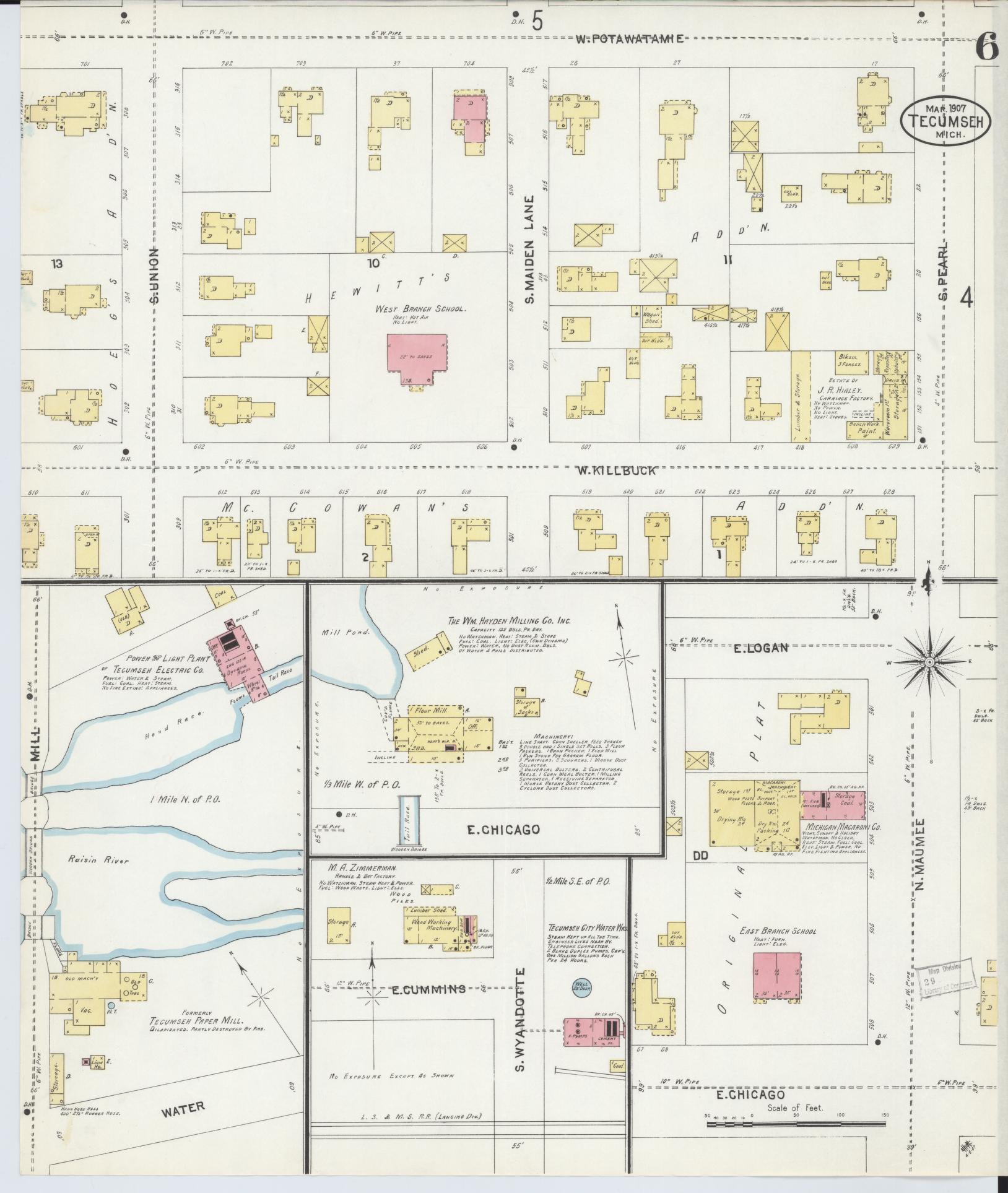 Sanborn Fire Insurance Map from Tecumseh, Lenawee County, Michigan (1907), Sheet #0006 - Historic Sanborn Fire Insurance Map Print, vintage old map wall art, antique decor, genealogy gift, Michigan Michigan map