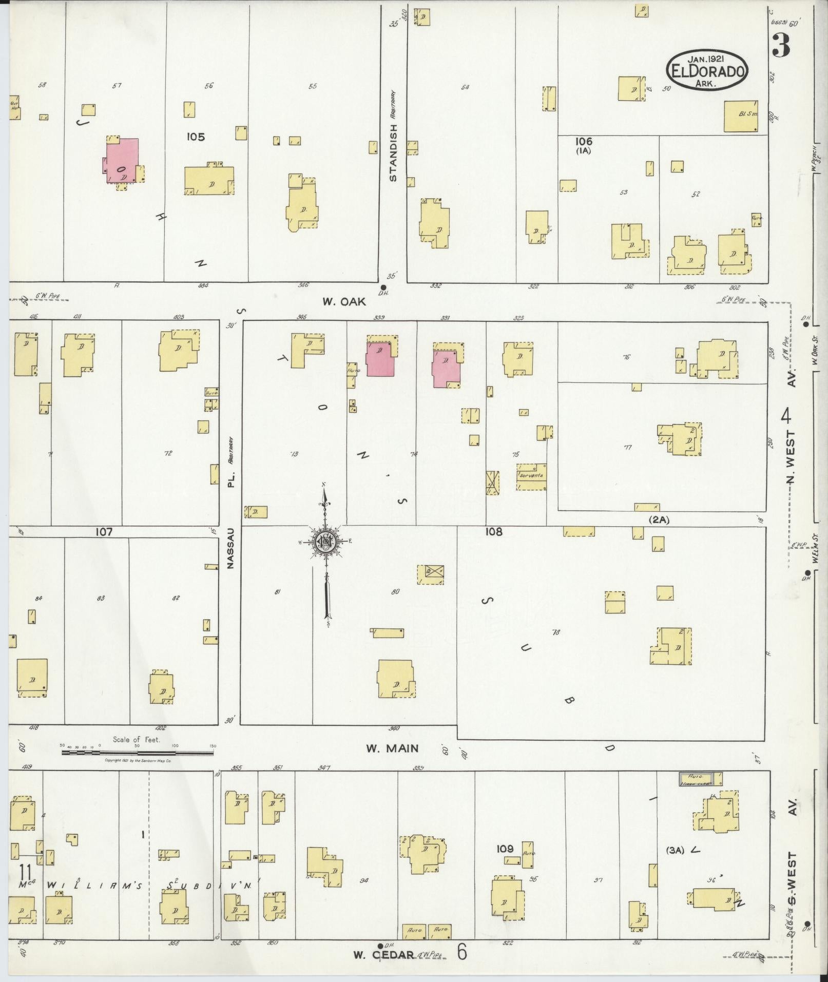 Sanborn Fire Insurance Map from El Dorado, Union County, Arkansas (1921), Sheet #0003 - Complete Map Set gallery image, historic Sanborn map, vintage wall art, Arkansas Arkansas