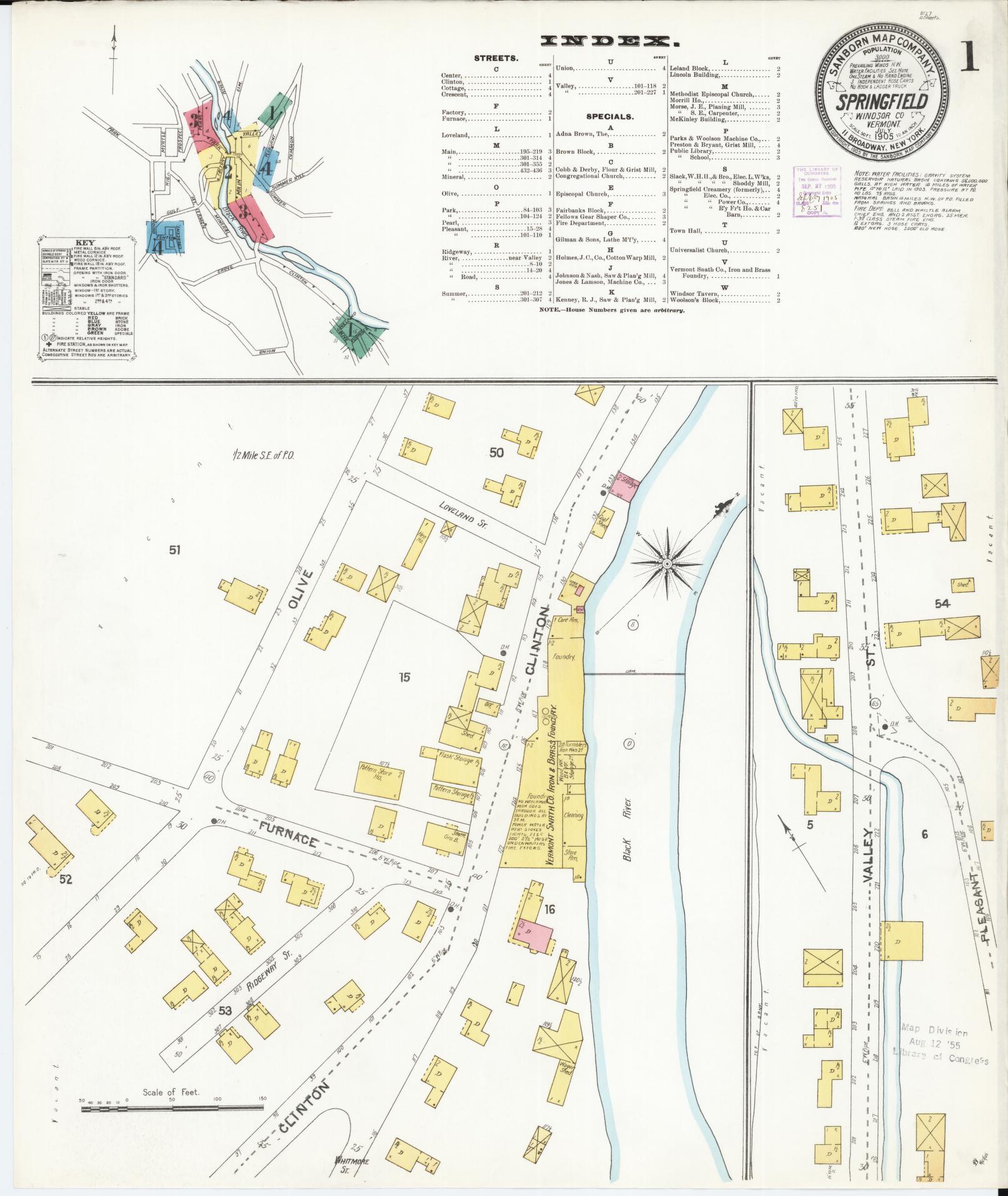 Sanborn Fire Insurance Map from Springfield, Windsor County, Vermont (1905), Sheet #0001 - Historic Sanborn Fire Insurance Map Print, vintage old map wall art, antique decor, genealogy gift, Vermont Vermont map