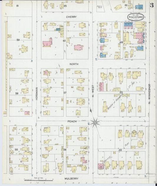 Sanborn Fire Insurance Map from Rockford, Winnebago County, Illinois (1891), Sheet #0003 - Historic Sanborn Fire Insurance Map Print, vintage old map wall art, antique decor, genealogy gift, Illinois Illinois map