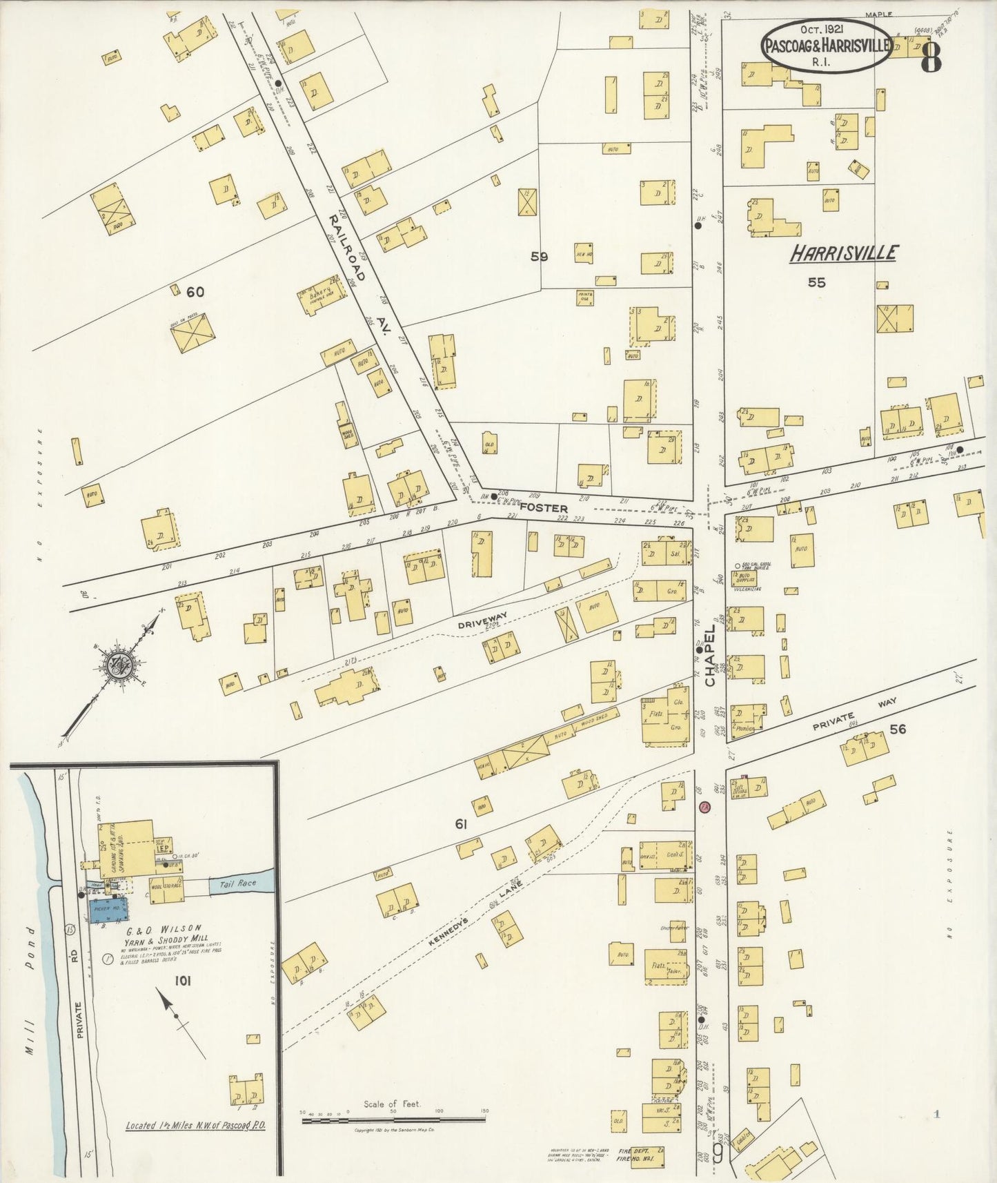 Sanborn Fire Insurance Map from Pascoag, Providence County, Rhode Island (1921), Sheet #0008 - Complete Map Set gallery image, historic Sanborn map, vintage wall art, Rhode Island Rhode Island