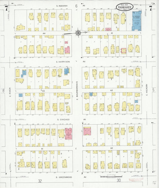 Sanborn Fire Insurance Map from Kankakee, Kankakee County, Illinois (1930), Sheet #0007 - Historic Sanborn Fire Insurance Map Print, vintage old map wall art, antique decor, genealogy gift, Illinois Illinois map