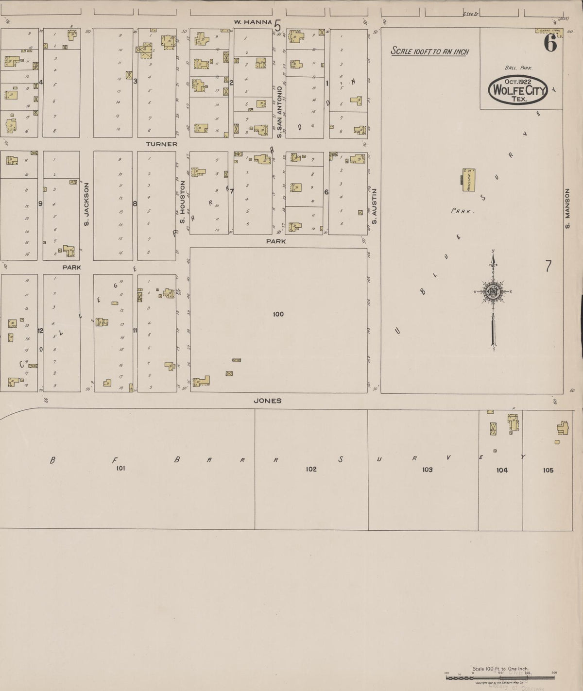 Sanborn Fire Insurance Map from Wolfe City, Hunt County, Texas (1922), Sheet #0006 - Historic Sanborn Fire Insurance Map Print, vintage old map wall art, antique decor, genealogy gift, Texas Texas map
