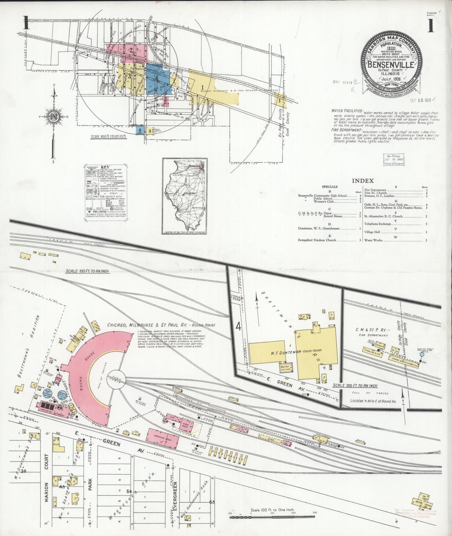 Sanborn Fire Insurance Map from Bensenville, Dupage County, Illinois (1926), Sheet #0001 - Historic Sanborn Fire Insurance Map Print, vintage old map wall art, antique decor, genealogy gift, Illinois Illinois map