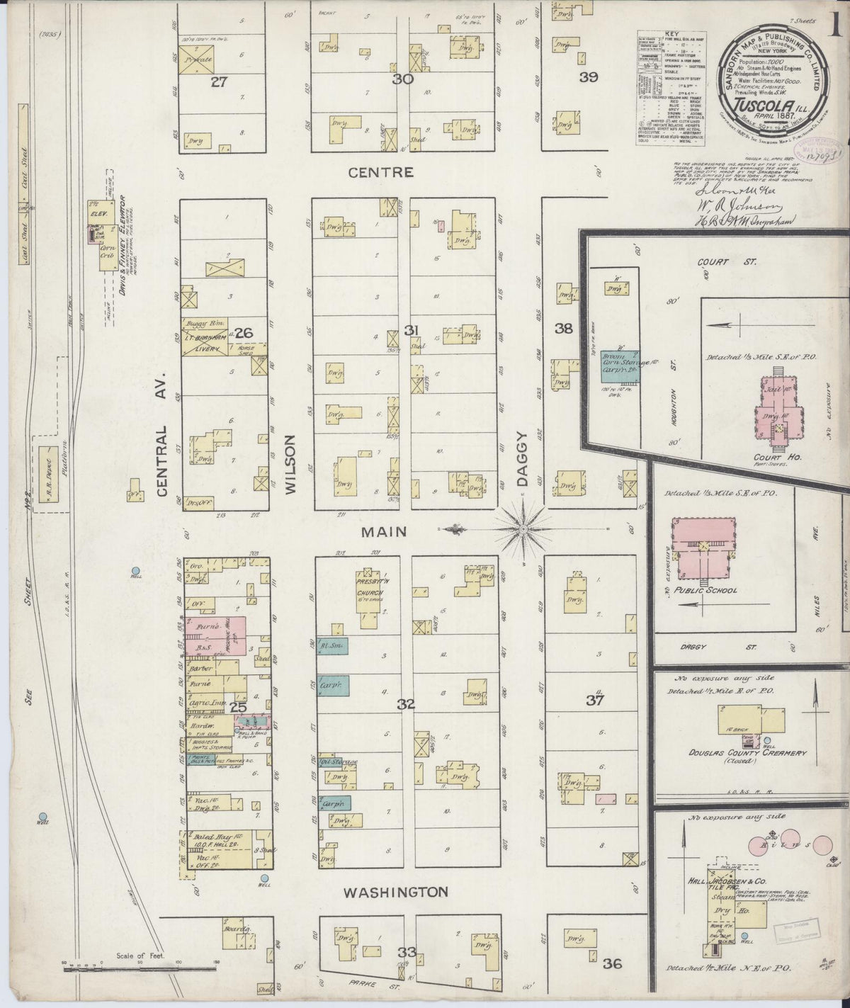 Sanborn Fire Insurance Map from Tuscola, Douglas County, Illinois (1887), Sheet #0001 - Historic Sanborn Fire Insurance Map Print, vintage old map wall art, antique decor, genealogy gift, Illinois Illinois map