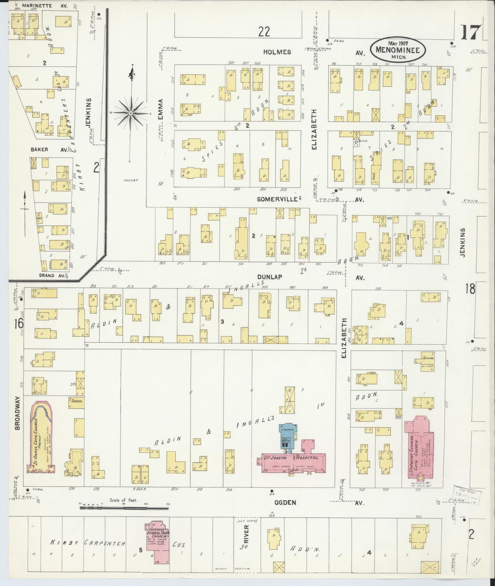 Sanborn Fire Insurance Map from Menominee, Menominee County, Michigan (1907), Sheet #0017 - Complete Map Set gallery image, historic Sanborn map, vintage wall art, Michigan Michigan