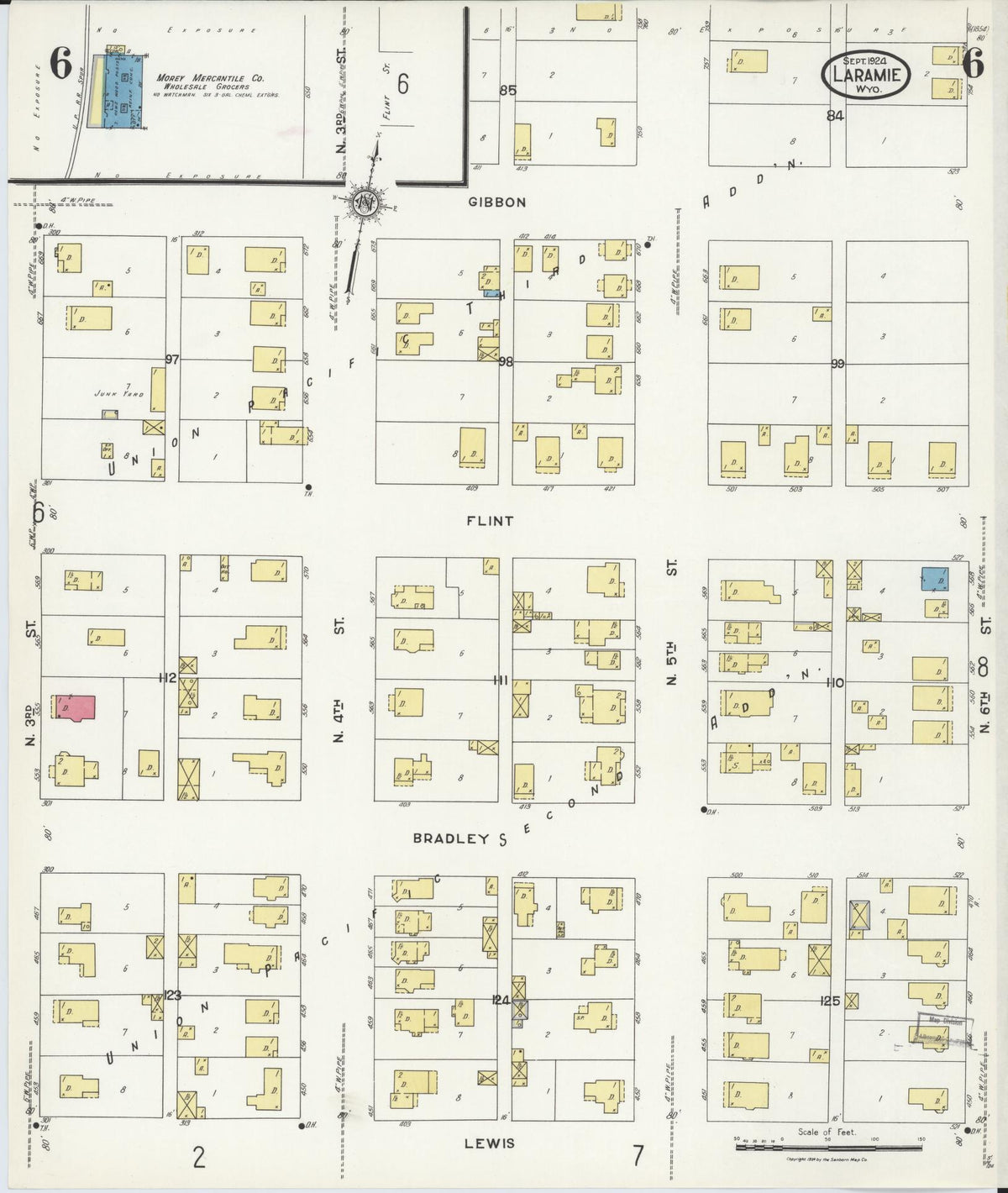 Sanborn Fire Insurance Map from Laramie, Albany County, Wyoming (1924), Sheet #0006 - Historic Sanborn Fire Insurance Map Print, vintage old map wall art, antique decor, genealogy gift, Wyoming Wyoming map