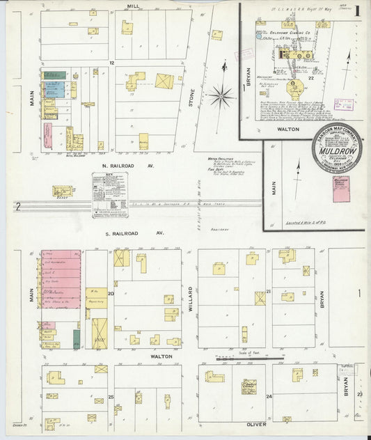 Sanborn Fire Insurance Map from Muldrow, Sequoyah County, Oklahoma (1909), Sheet #0001 - Historic Sanborn Fire Insurance Map Print, vintage old map wall art, antique decor, genealogy gift, Oklahoma Oklahoma map