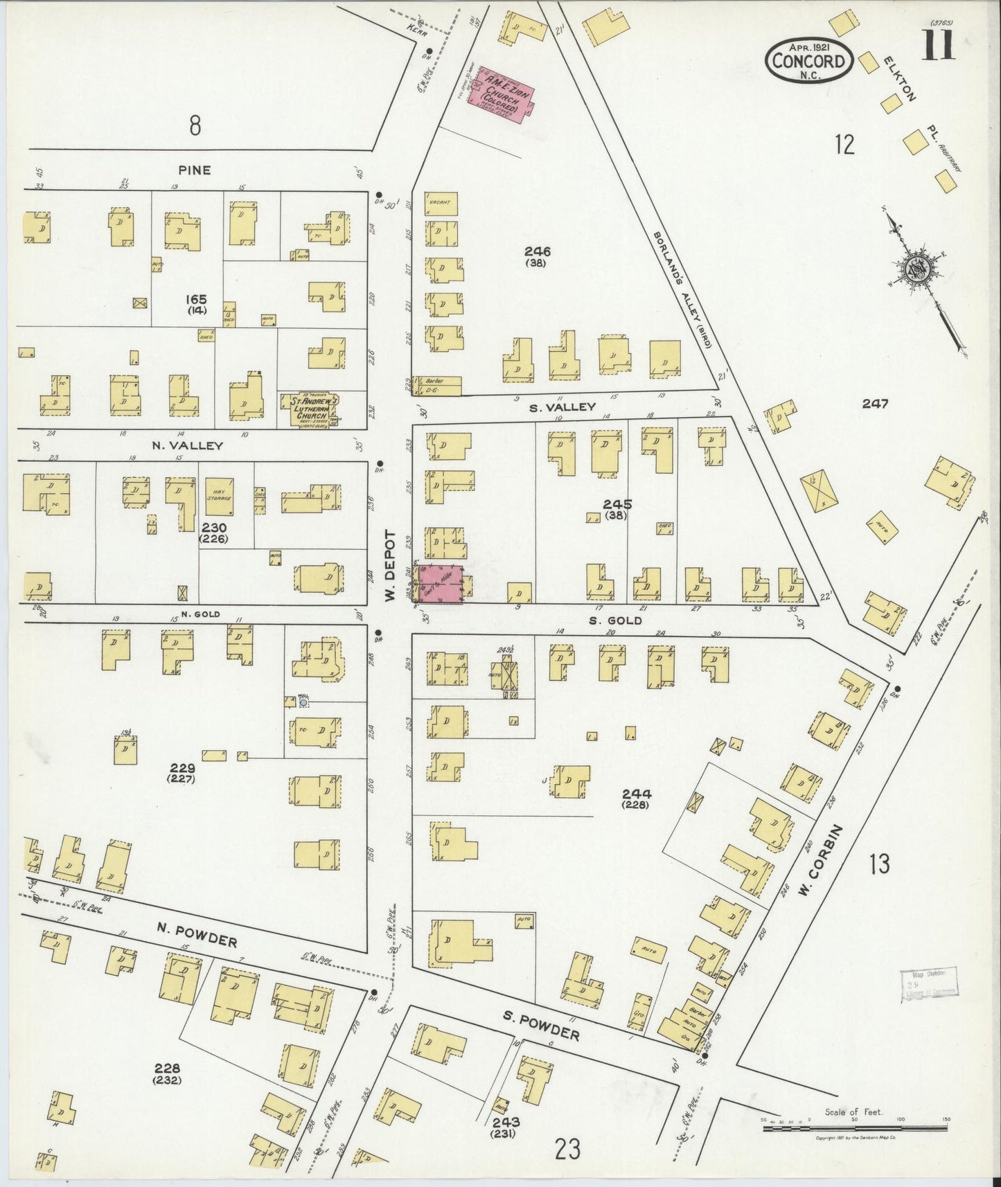 Sanborn Fire Insurance Map from Concord, Cabarrus County, North Carolina (1921), Sheet #0011 - Complete Map Set gallery image, historic Sanborn map, vintage wall art, North Carolina North Carolina