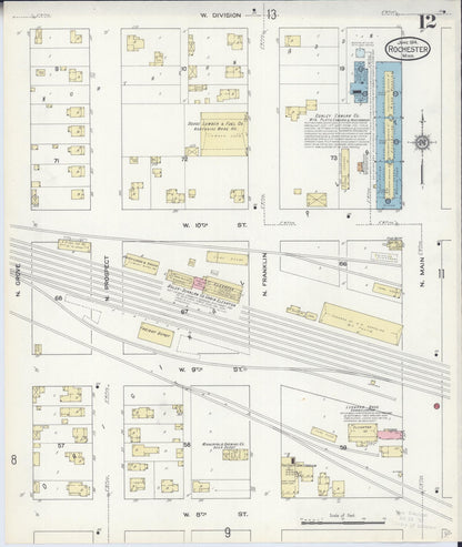 Sanborn Fire Insurance Map from Rochester, Olmsted County, Minnesota (1914), Sheet #0012 - Historic Sanborn Fire Insurance Map Print, vintage old map wall art, antique decor, genealogy gift, Minnesota Minnesota map