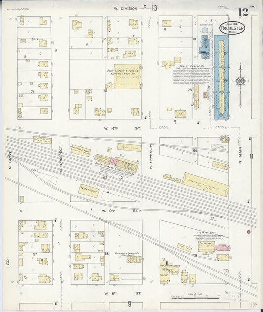 Sanborn Fire Insurance Map from Rochester, Olmsted County, Minnesota (1914), Sheet #0012 - Historic Sanborn Fire Insurance Map Print, vintage old map wall art, antique decor, genealogy gift, Minnesota Minnesota map