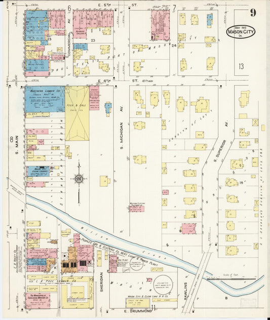 Sanborn Fire Insurance Map from Mason City, Cerro Gordo County, Iowa (1915), Sheet #0009 - Historic Sanborn Fire Insurance Map Print, vintage old map wall art