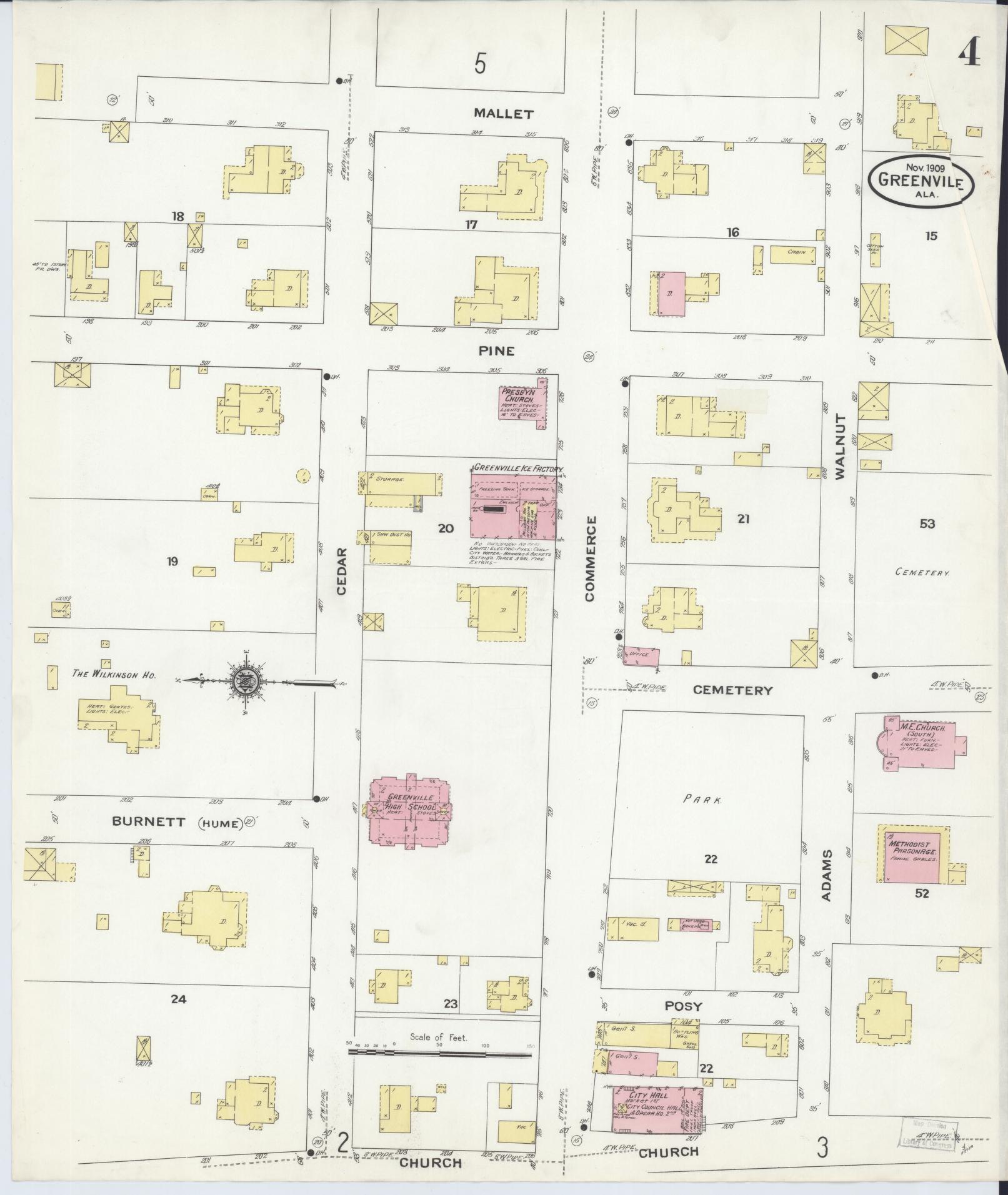 Sanborn Fire Insurance Map from Greenville, Butler County, Alabama (1909), Sheet #0004 - Complete Map Set gallery image, historic Sanborn map, vintage wall art, Alabama Alabama