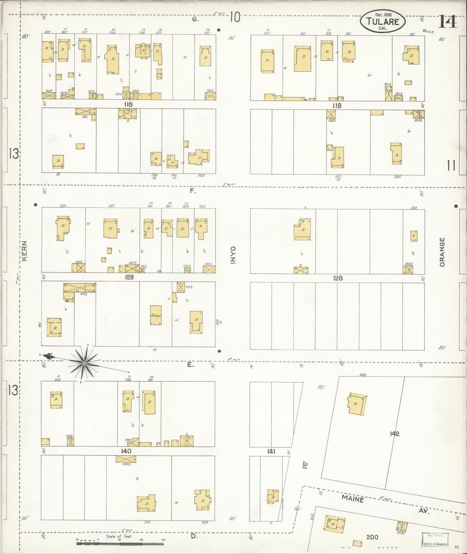 Sanborn Fire Insurance Map from Tulare, Tulare County, California (1906), Sheet #0014 - Complete Map Set gallery image, historic Sanborn map, vintage wall art, California California