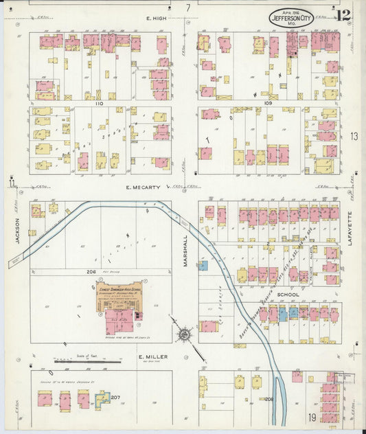Sanborn Fire Insurance Map from Jefferson City, Cole County, Missouri (1916), Sheet #0012 - Historic Sanborn Fire Insurance Map Print, vintage old map wall art, antique decor, genealogy gift, Missouri Missouri map