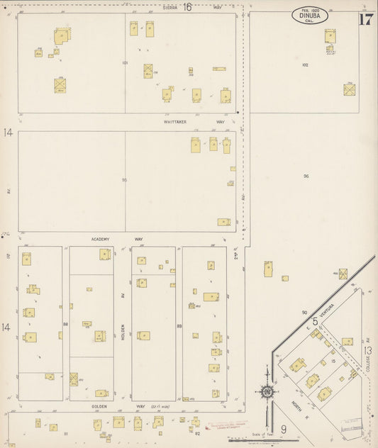 Sanborn Fire Insurance Map from Dinuba, Tulare County, California (1920), Sheet #0017 - Historic Sanborn Fire Insurance Map Print, vintage old map wall art, antique decor, genealogy gift, California California map