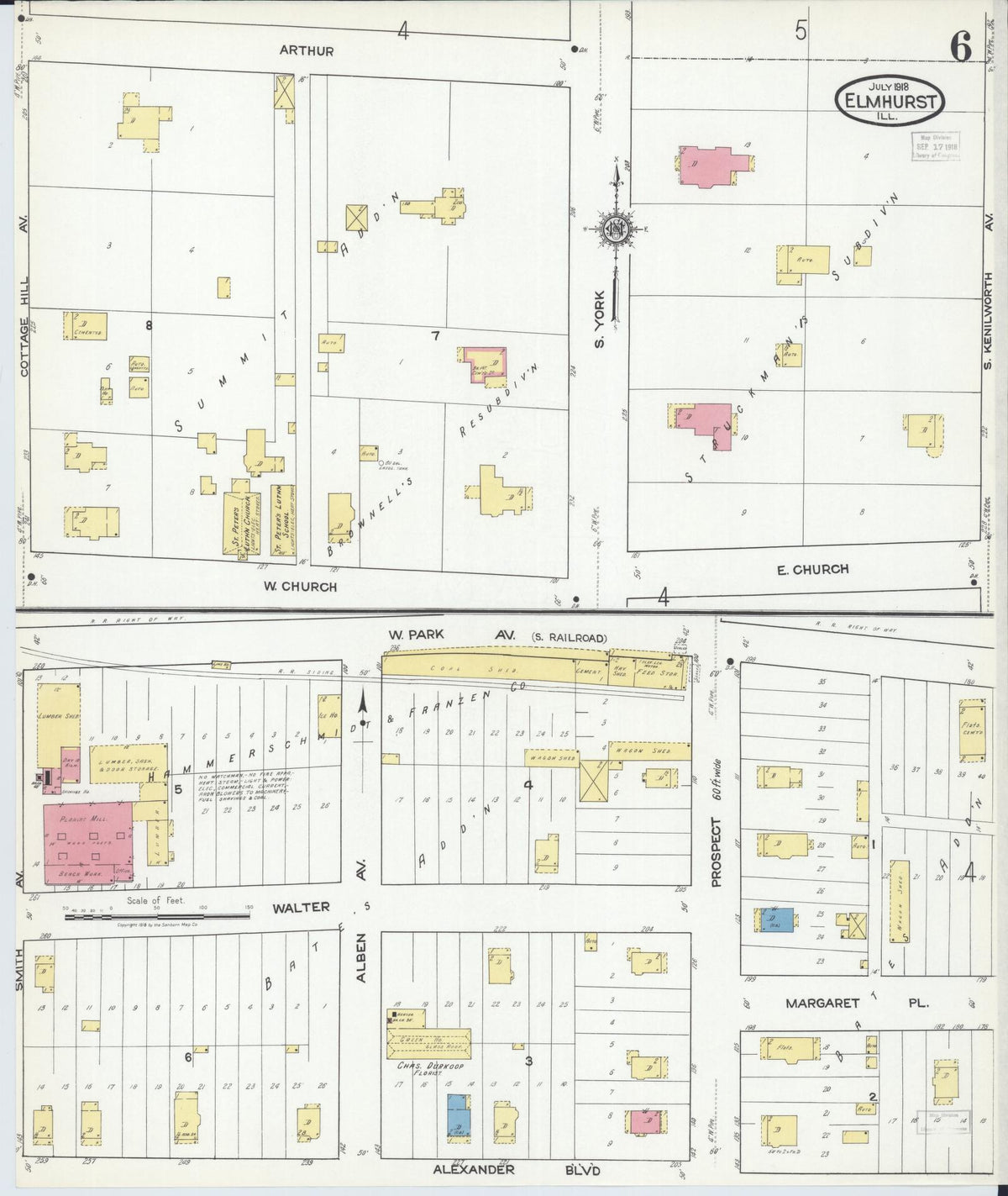 Sanborn Fire Insurance Map from Elmhurst, Du Page County, Illinois (1918), Sheet #0006 - Historic Sanborn Fire Insurance Map Print, vintage old map wall art, antique decor, genealogy gift, Illinois Illinois map
