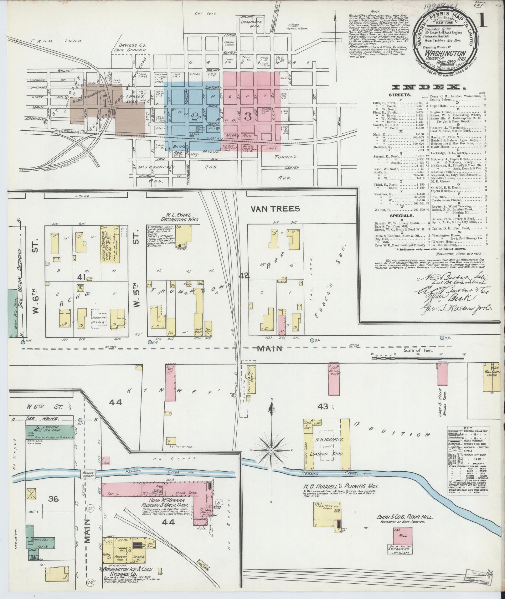 Sanborn Fire Insurance Map from Washington, Daviess County, Indiana (1892), Sheet #0001 - Historic Sanborn Fire Insurance Map Print, vintage old map wall art, antique decor, genealogy gift, Washington Washington map