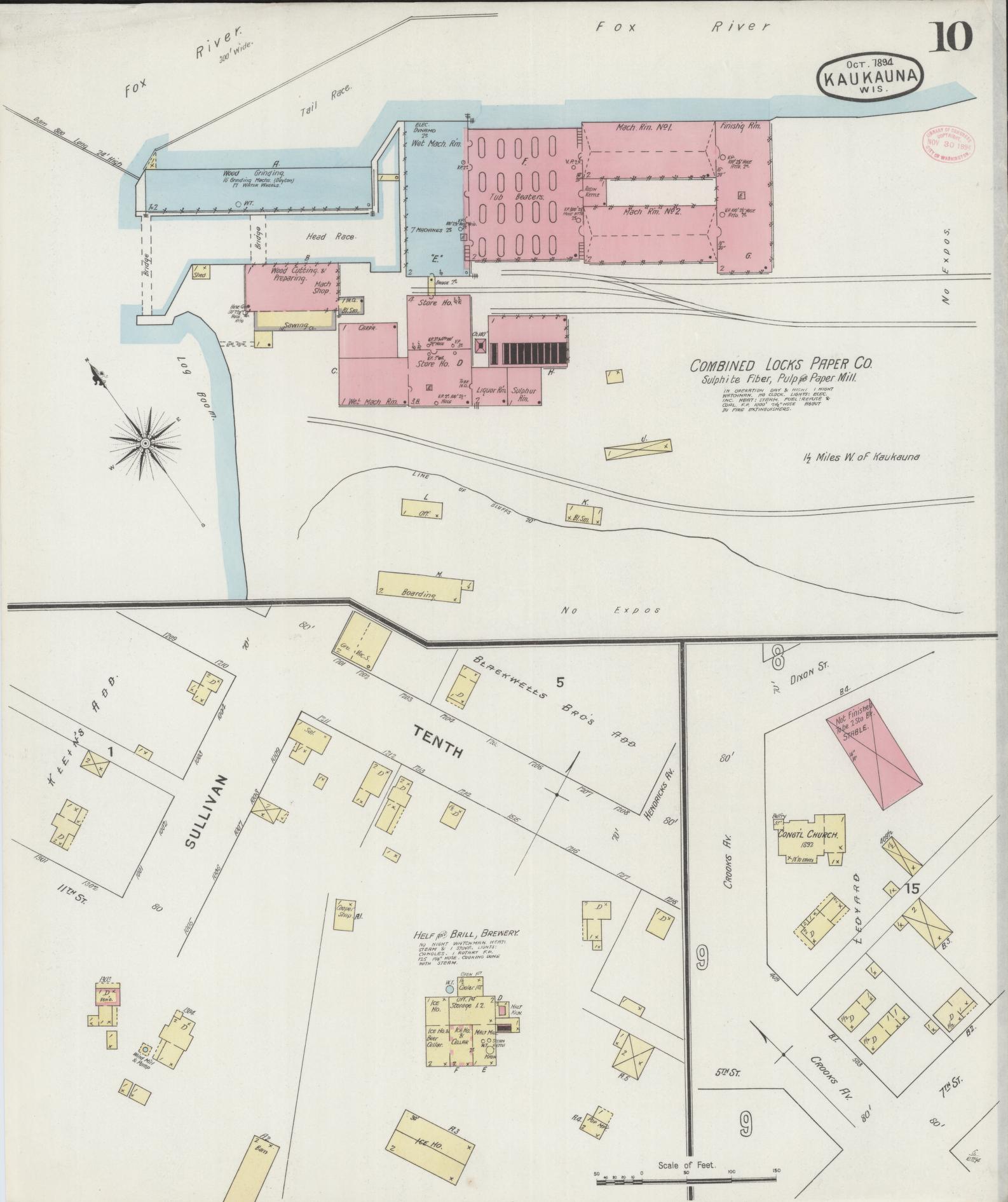 Sanborn Fire Insurance Map from Kaukauna, Outagamie County, Wisconsin (1894), Sheet #0010 - Historic Sanborn Fire Insurance Map Print, vintage old map wall art, antique decor, genealogy gift, Wisconsin Wisconsin map