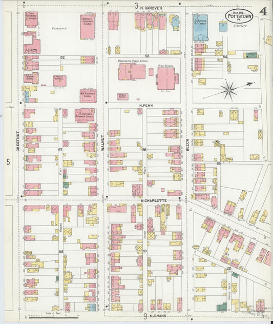 Sanborn Fire Insurance Map from Pottstown, Montgomery County, Pennsylvania (1902), Sheet #0004 - Historic Sanborn Fire Insurance Map Print, vintage old map wall art, antique decor, genealogy gift, Pennsylvania Pennsylvania map