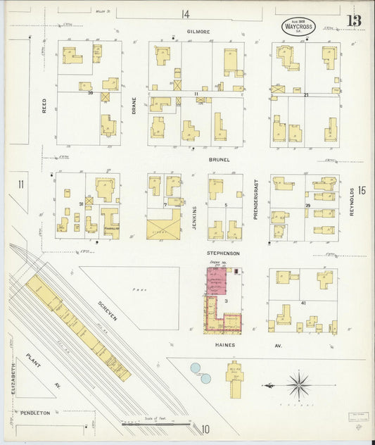 Sanborn Fire Insurance Map from Waycross, Ware County, Georgia (1908), Sheet #0013 - Historic Sanborn Fire Insurance Map Print, vintage old map wall art, antique decor, genealogy gift, Georgia Georgia map