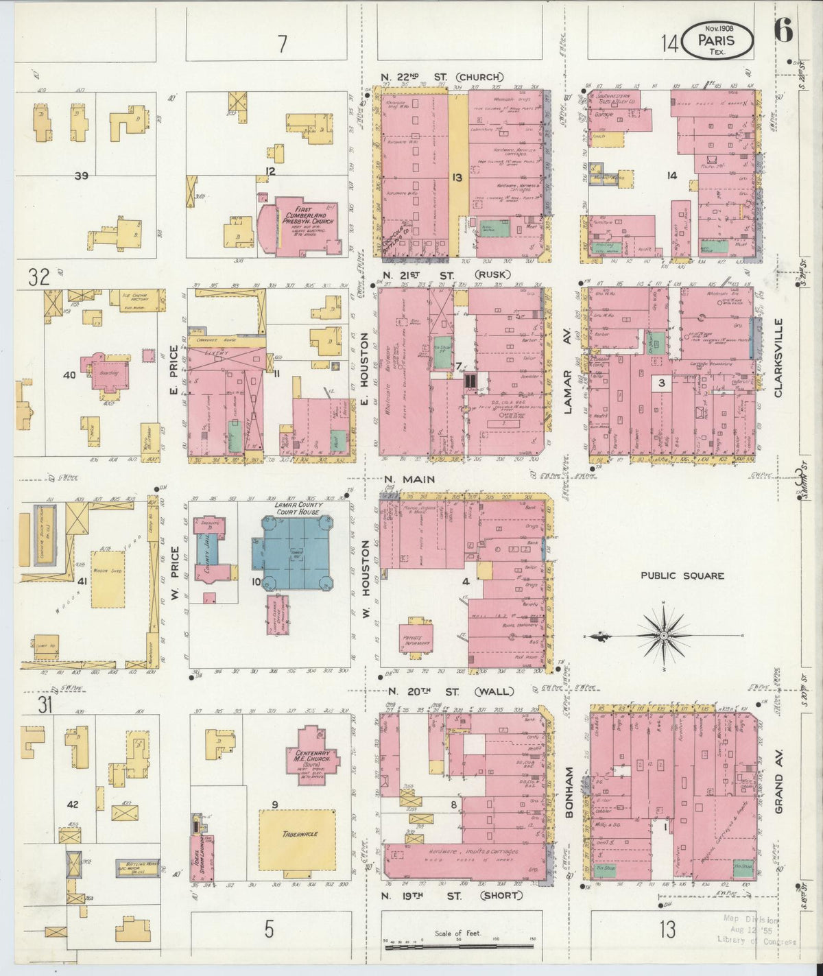 Sanborn Fire Insurance Map from Paris, Lamar County, Texas (1908), Sheet #0006 - Complete Map Set gallery image, historic Sanborn map, vintage wall art, Texas Texas