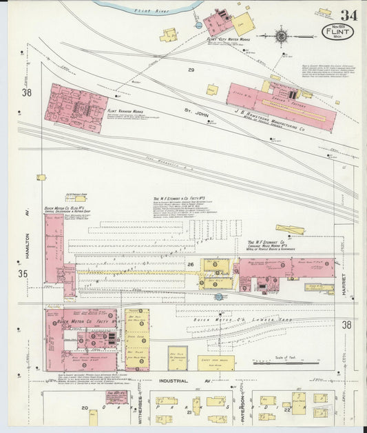 Sanborn Fire Insurance Map from Flint, Genesee County, Michigan (1909), Sheet #0034 - Historic Sanborn Fire Insurance Map Print, vintage old map wall art, antique decor, genealogy gift, Michigan Michigan map